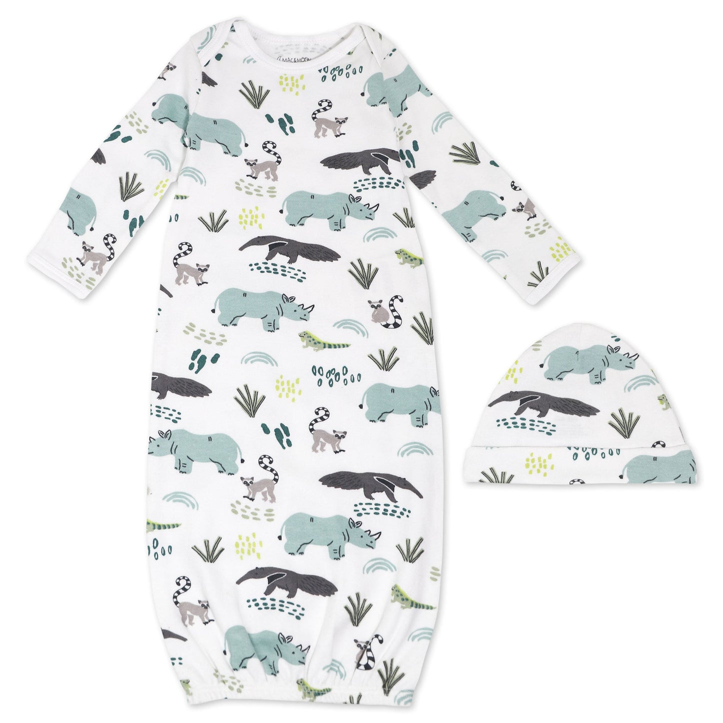 Organic Cotton Cap & Gown Set in Rhino Buddies Print